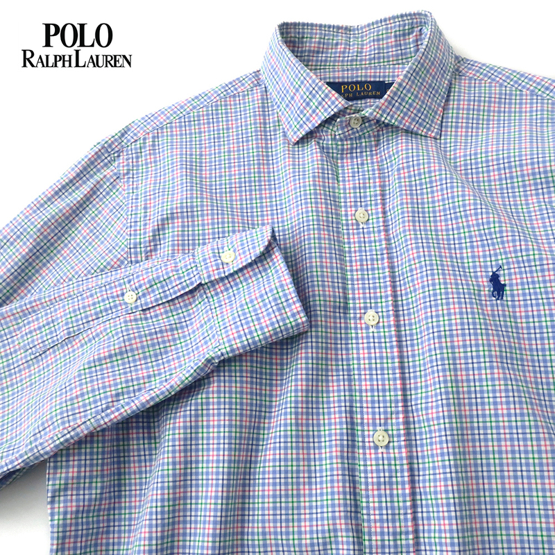 POLO RalphLauren マルチカラーチェックシャツ ワイドカラー ブルー系マルチ (M)