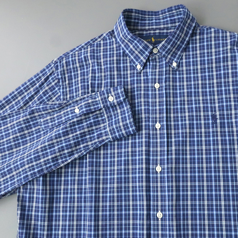ラルフローレン マルチチェック ボタンダウンシャツ 微ストレッチ ブルー US-L(日本XL)