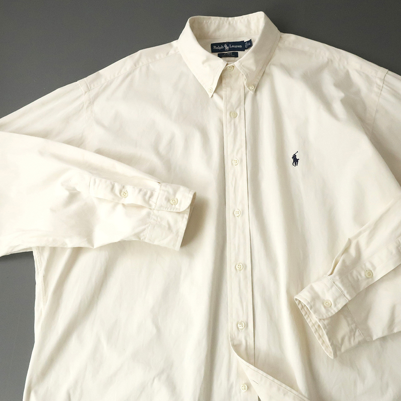 90s RalphLauren ボタンダウンシャツ コットンツイル ポニー刺繍 オフホワイト(XL)
