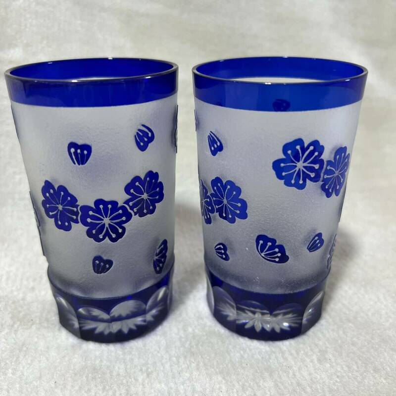 C806 切子ガラス グラス 2点セット 桜柄 切子 タンブラー 藍色 ペア 工芸品 硝子工芸