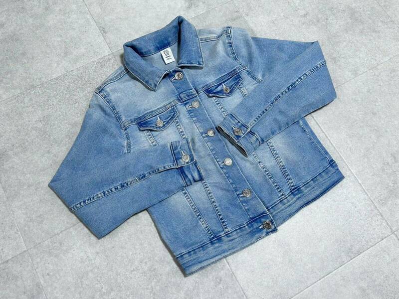 ほぼ 新品 未使用 H&M &DENIM デニム キッズ 140 ストレッチ ジャケット コート 長袖 ジュニア 男女兼用 ブルー系 スナップボタン