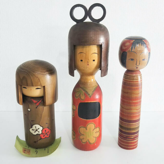 こけし 3体 渡辺鉄男 卯三郎 土湯 鳴子 日本人形 木製 女の子 女性 着物