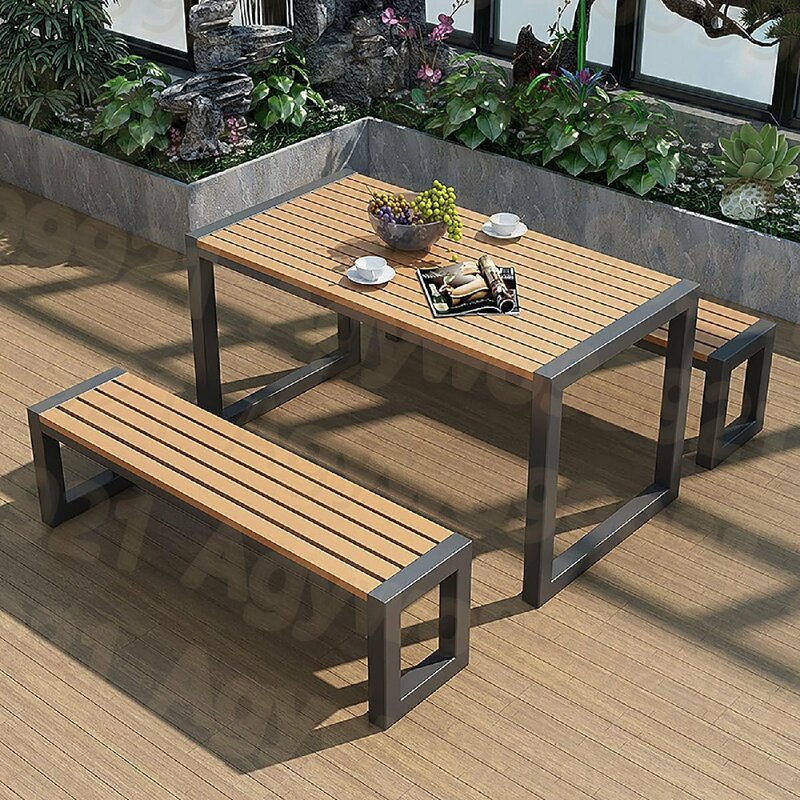 ガーデンテーブル3点セット 屋外ダイニングテーブルとベンチセット 金属フレーム プラスチック製の木製のテーブルトップ 防水性と耐日光性