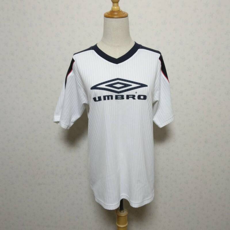 a61 良品 UMBRO アンブロ Tシャツ プラクティスシャツ ロゴプリント 青白 S-Mサイズ スポーツ トレーニング カジュアル 古着 USED メンズ 