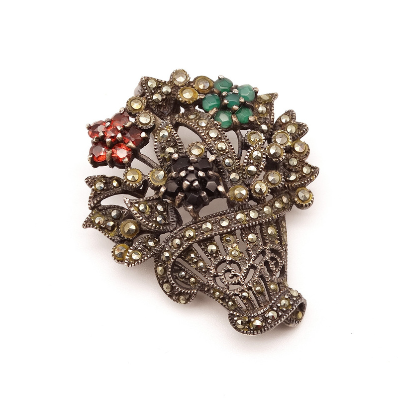 70s Vintage Bouquet Motif Silver 925 Marcasite × Stone Brooch　ヴィンテージ　ブローチ　花束　シルバー
