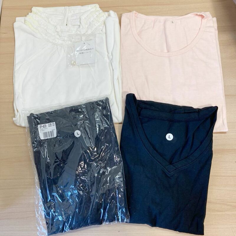 Tシャツ/フリルハイネックTシャツ ブラック/オフホワイト/薄ピンク 4点セット Lサイズ レディース Lサイズ (8-4)11