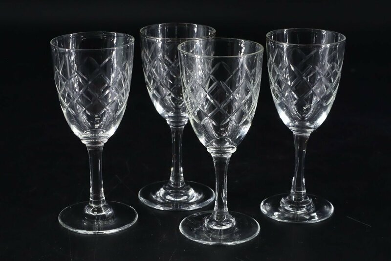 アンティーク シェリーグラス 4客セット / カットガラス カクテルグラス ワイングラス