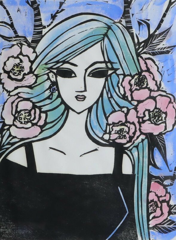 君島龍輝「花飾りの女性」木版画 額装品 / 彩色木版画 人物画