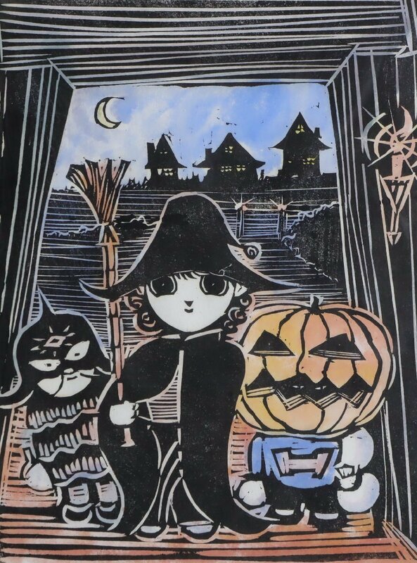 君島龍輝「ハロウィン」木版画 額装品 / 彩色木版画 人物画 ハロウィーン