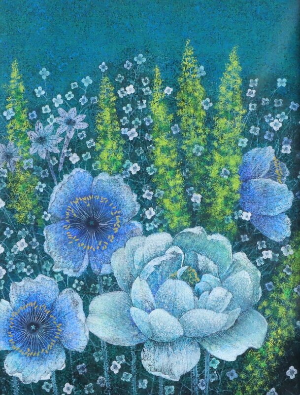 日本画「青い花」作者不明 額装品 静物画 風景画