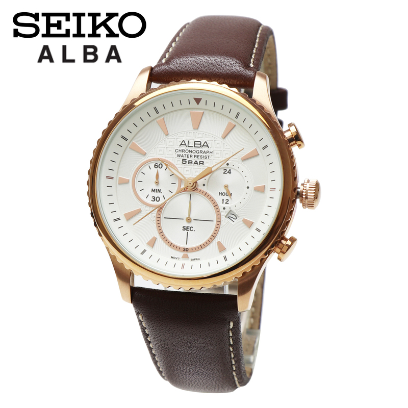 SEIKO セイコー ALBA アルバ AT3864X1 クロノグラフ メンズ カレンダー ホワイト ローズゴールド ブラウン レザーベルト 腕時計 男性