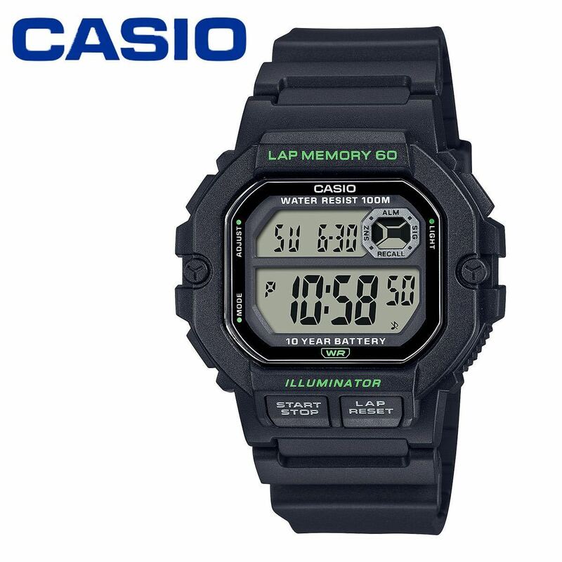 カシオ CASIO SPORTS GEAR WS1400 ブラック グリーン ラップメモリー メンズ 男性 腕時計 陸上競技 スポーツ 防水 デジタル スクエア