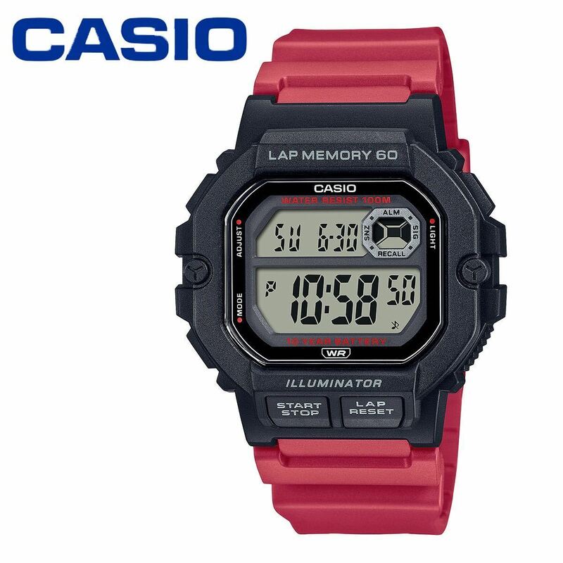 カシオ CASIO WS1400 レッド ラップメモリー メンズ 男性 腕時計 陸上 スポーツ 薄い 軽い 防水 デジタル スクエア ランニング アラーム