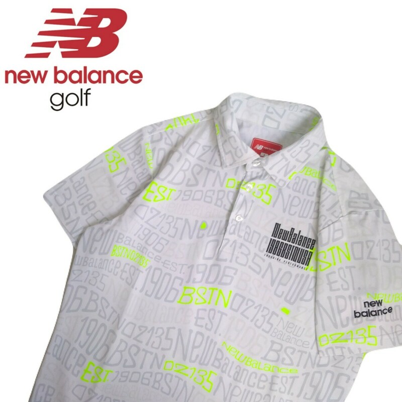 極美品 近年新作 new balance golf 吸水速乾 ストレッチ ロゴ総柄 半袖ポロシャツ メンズ4 ニューバランス ゴルフウェア ホワイト 2403201