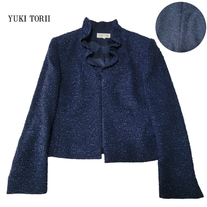 【極美品】日本製 ユキトリヰ YUKI TORII 鳥居ユキ リボンツイードジャケット 40 襟フリル 紺 フォーマルジャケット L