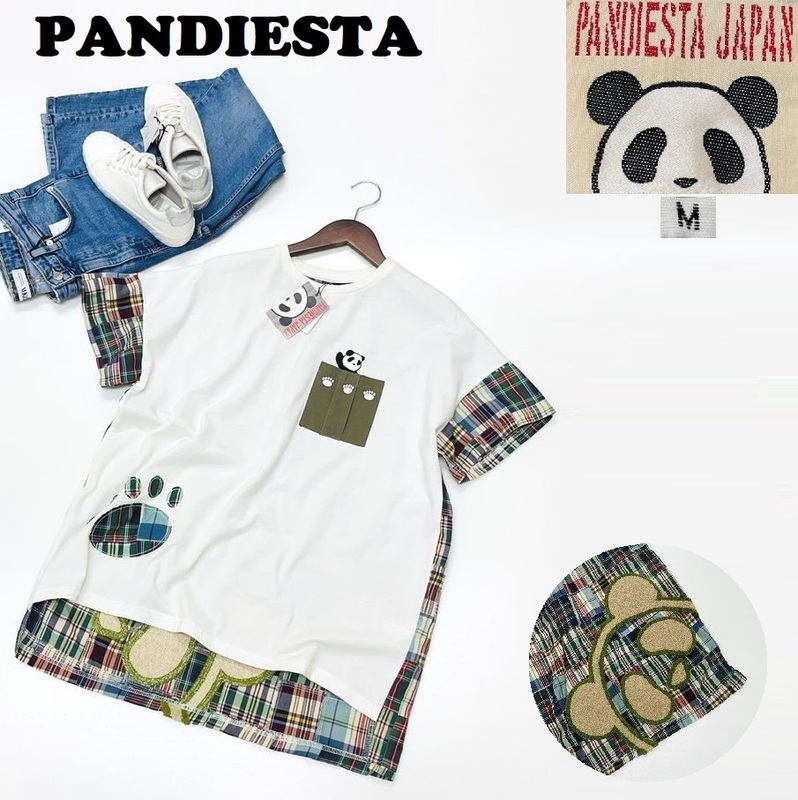 未使用品 /M/ PANDIESTA ホワイト 半袖Tシャツ チェック切換 メンズ レディース カジュアル アウトドア キャンプ タグ 刺繍 パンディエスタ