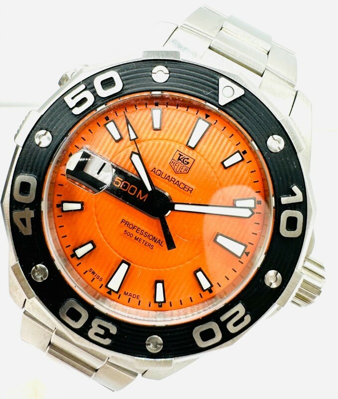 稼働 良品 箱付 タグホイヤー QZ WAJ1113 アクアレーサー プロフェッショナル500M オレンジ文字盤 デイト メンズ腕時計