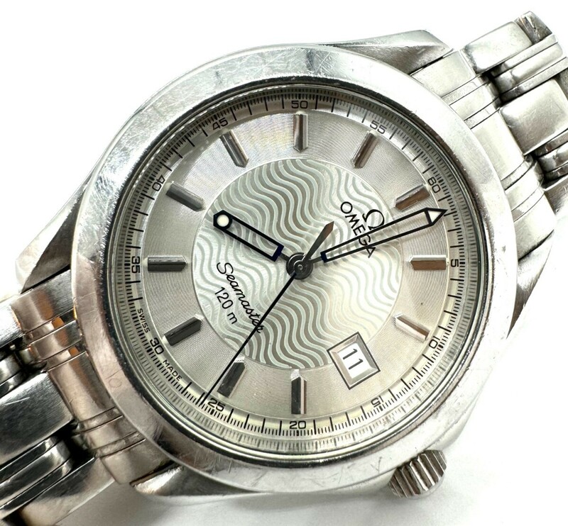 良品 オメガ シーマスター120M QZ シルバー文字盤 デイト 1RST メンズ腕時計