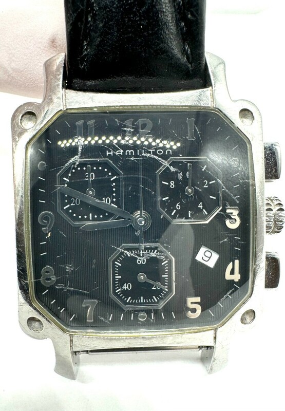 ハミルトン ロイド H194120 メンズ 腕時計 デイト クロノグラフ クォーツ 黒 ブラック系 レザーベルト 動作品 HAMILTON 
