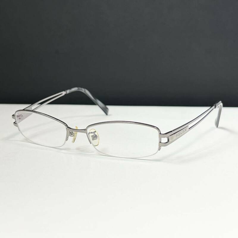◆POLICE ポリス ハーフリム ナイロール 眼鏡フレーム メガネ V8628J TITANIUM チタン シルバー メンズ 男性用