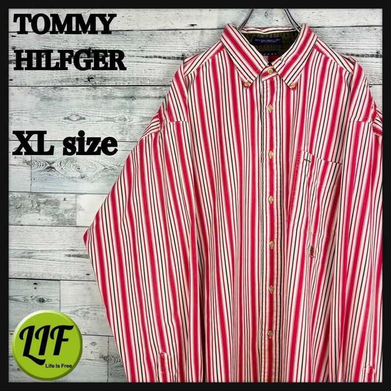トミーヒルフィガー 刺繍ロゴ 胸ポケットBDシャツ ストライプ 赤白緑 XL
