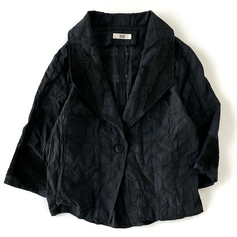 【美品】ジンカトウ レースジャケット 綿混 コットンリネン ブラック 黒 サイズ42 L相当 zin kato