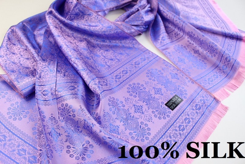 新品【SILK シルク100%】ペイズリー 幾何学柄 大判 薄手 ストール/スカーフ ピンク系 ロイヤルブルー