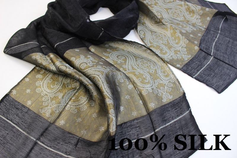 新品【SILK シルク100%】華 ペイズリー柄 薄手 スカーフ/ストール ブラック系 ゴールド ホワイト