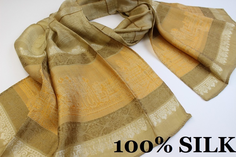 新品【SILK シルク100%】アンコールワット 幾何学柄 薄手 スカーフ/ストール キャメルベージュ系 ゴールド ホワイト