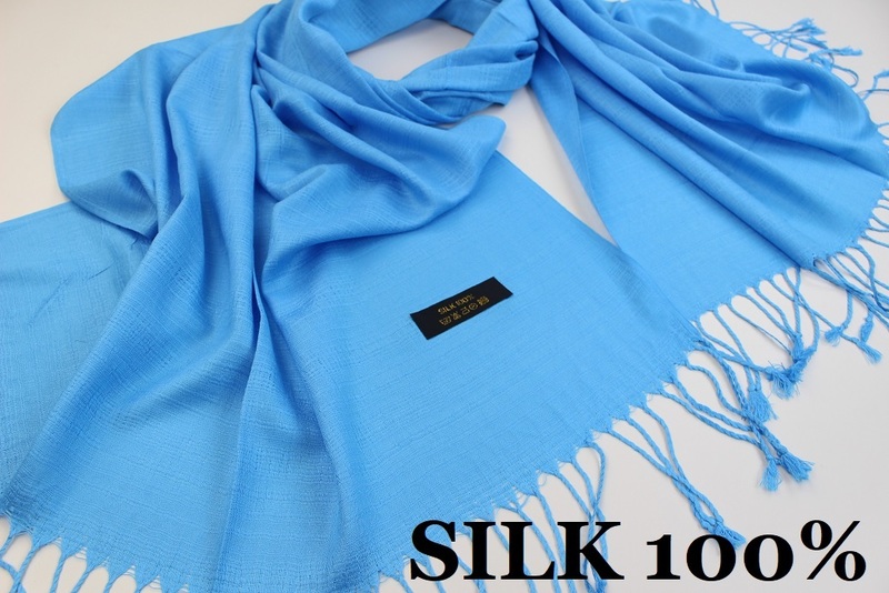 新品【SILK シルク100%】無地 Plain 大判 薄手 ストール L.BLUE 水色 ライトブルー系