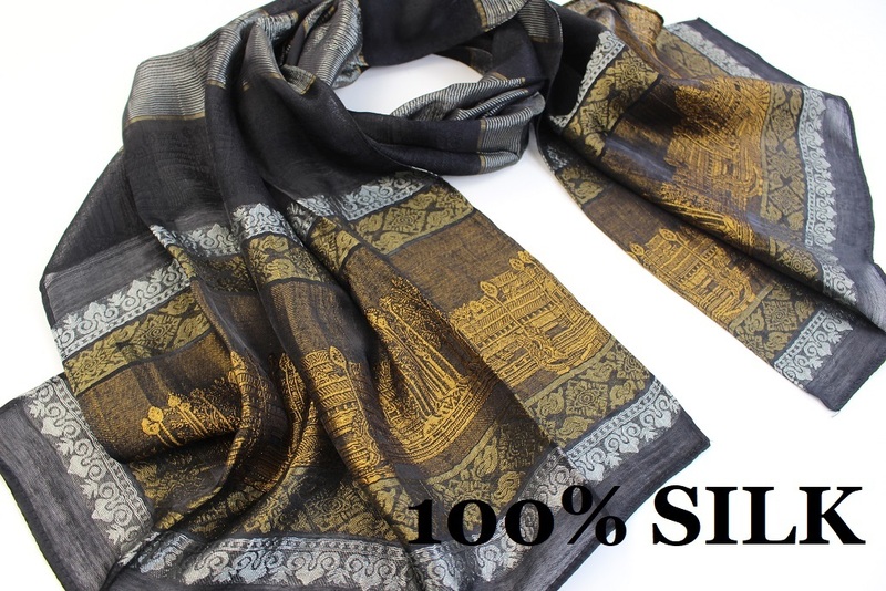 新品【SILK シルク100%】アンコールワット 幾何学柄 薄手 スカーフ/ストール ブラック系 ゴールド ホワイト