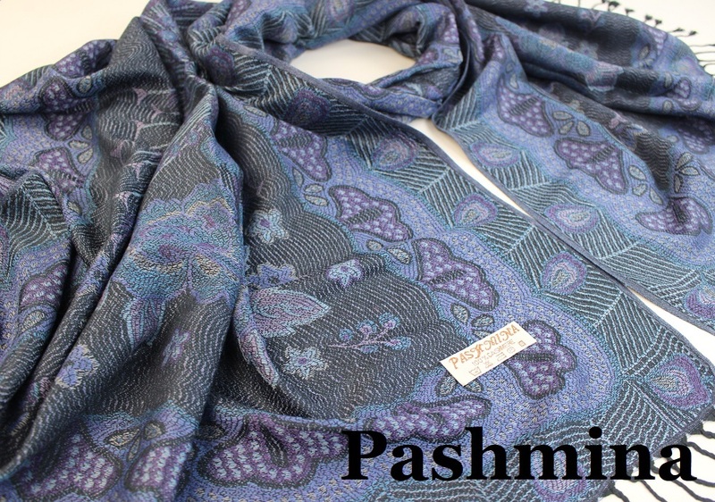 新品【Pashmina パシュミナ】華 孔雀柄 大判 中薄手 ストール ブラック系 パープル ブルー Cashmere カシミア100%