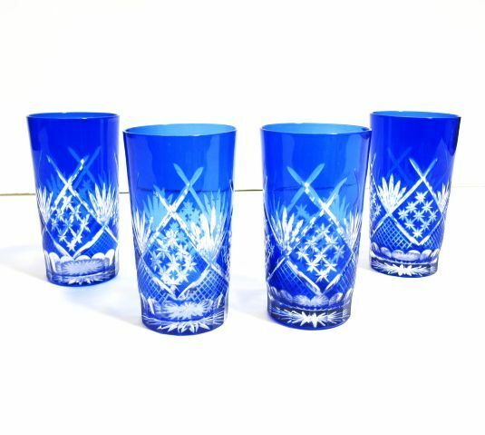 美品 江戸切子 グラス 4個セット 切子コップ 藍被せ 色被切子 昭和40年代に購入したコップ