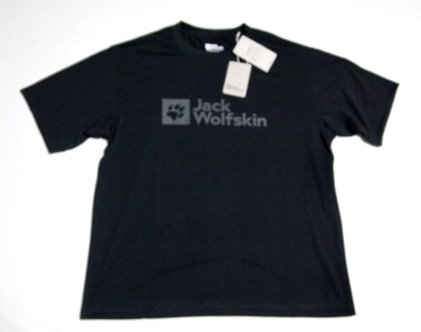 新品▲ジャックウルフスキン 吸水速乾半袖TシャツL寸身幅広め ブラック グレーロゴ