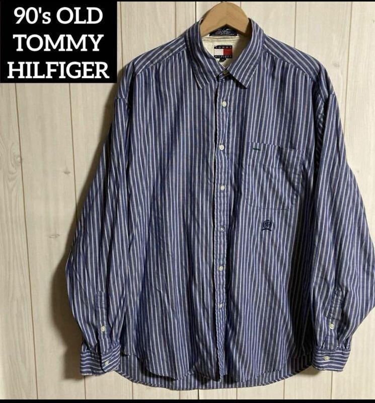 90sフラッグタグOLD TOMMY HILFIGERストライプ柄長袖シャツLオールドヴィンテージオールドトミーJEANSジーンズ