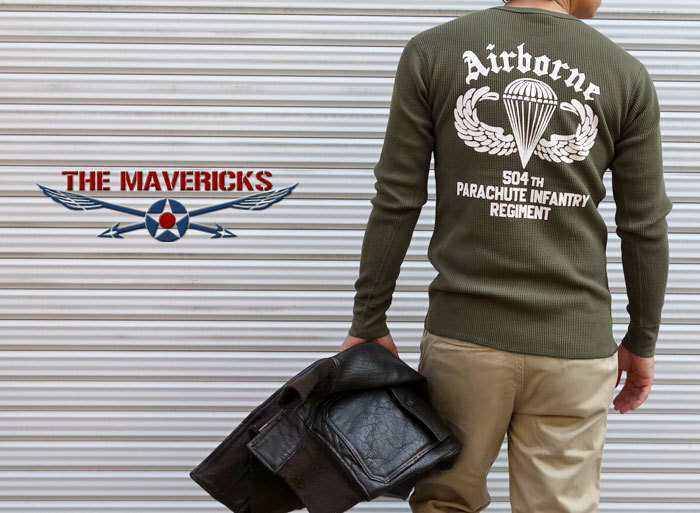 長袖 Tシャツ S メンズ ミリタリー サーマル ワッフル AIRBORNE パラシュート部隊 オリーブ MAVEVICKS ブランド
