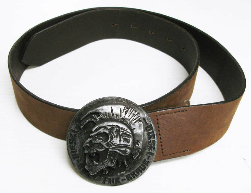 ディーゼル メタル バックル ベルト ドクロ スカル 茶系 90 イタリー製 DIESEL METAL BUCKLE SKULL BELT BROWN 90 MADE IN ITARY