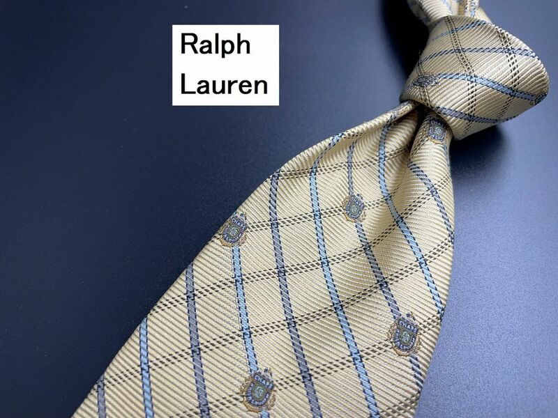 【美品】Ralph Lauren　ラルフローレン　ロゴ＆チェック柄　ネクタイ　3本以上送料無料　ベージュ　0205119