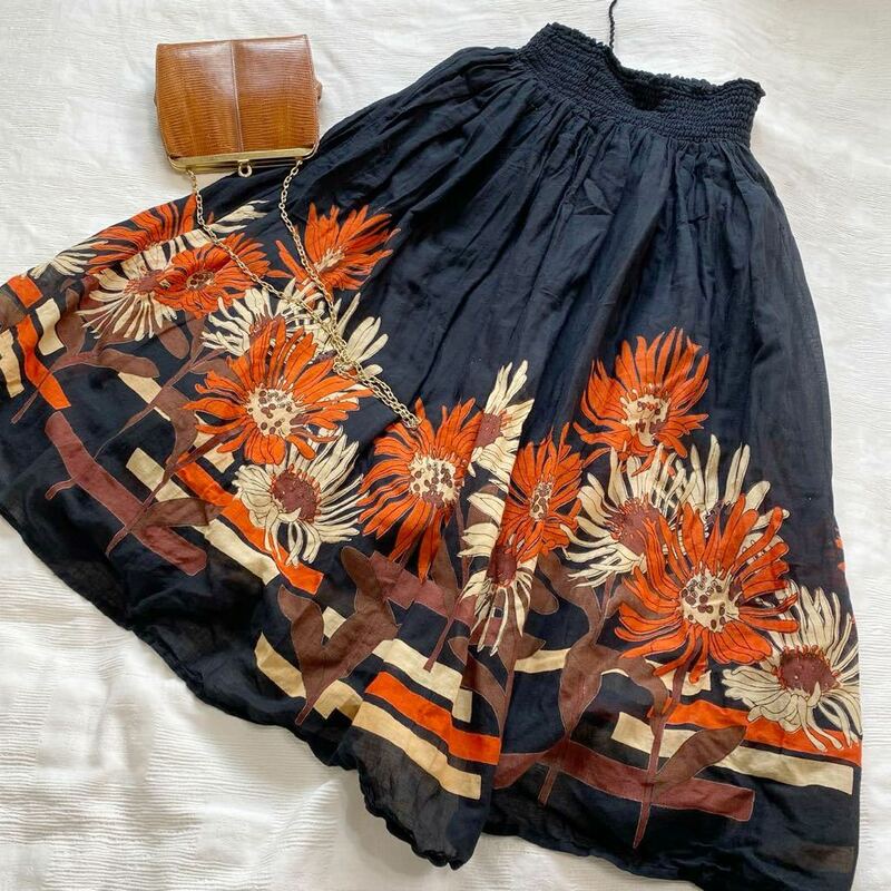 インド製◆綿ローン コットン100% ウエストゴム スカート 花柄 ボタニカル 黒 オレンジ y24030110