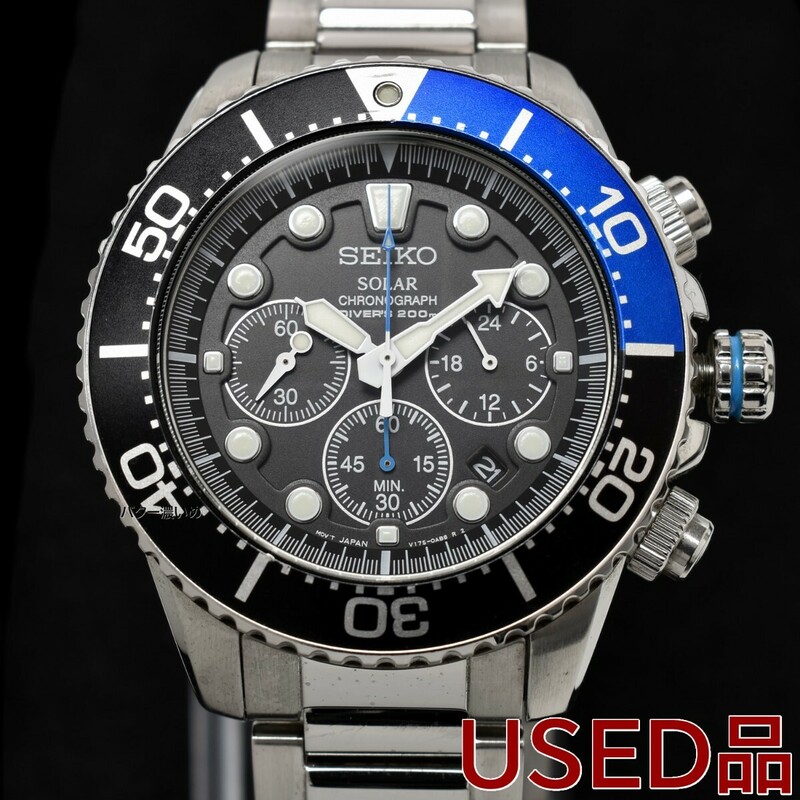 セイコー SEIKO メンズ 腕時計 クロノグラフ ソーラー クオーツ ダイバー 海外モデル SSC017P1 逆輸入 200M防水 ブラック 中古品 箱あり