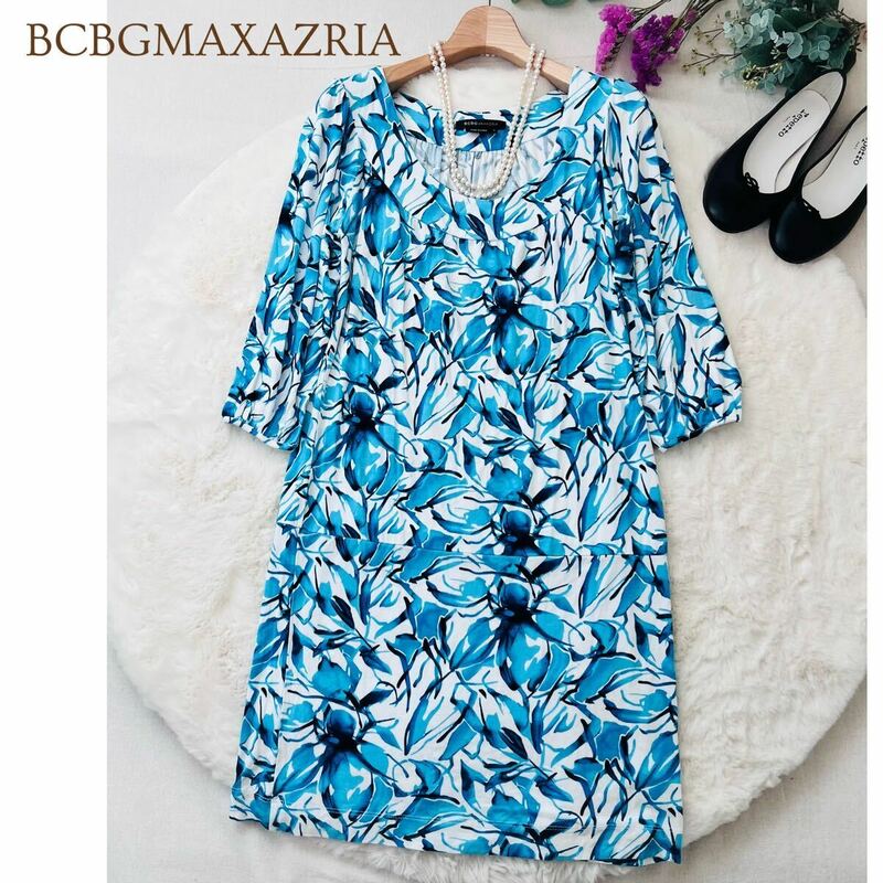 BCBGMAXAZRIA ビーシービージーマックスアズリア 総柄 ワンピース ひざ丈 七分袖 レーヨン 春夏 レディース A3565