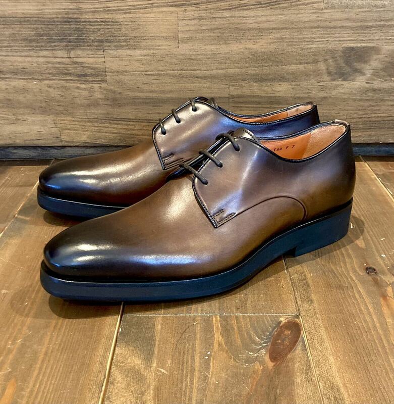 新品 20万円 SANTONI サントーニ 茶パティーヌ 美麗 プレーントゥ シューズ 紳士靴 メンズ 7 26cm 特製クリアソール 検 Berluti JOHN LOBB