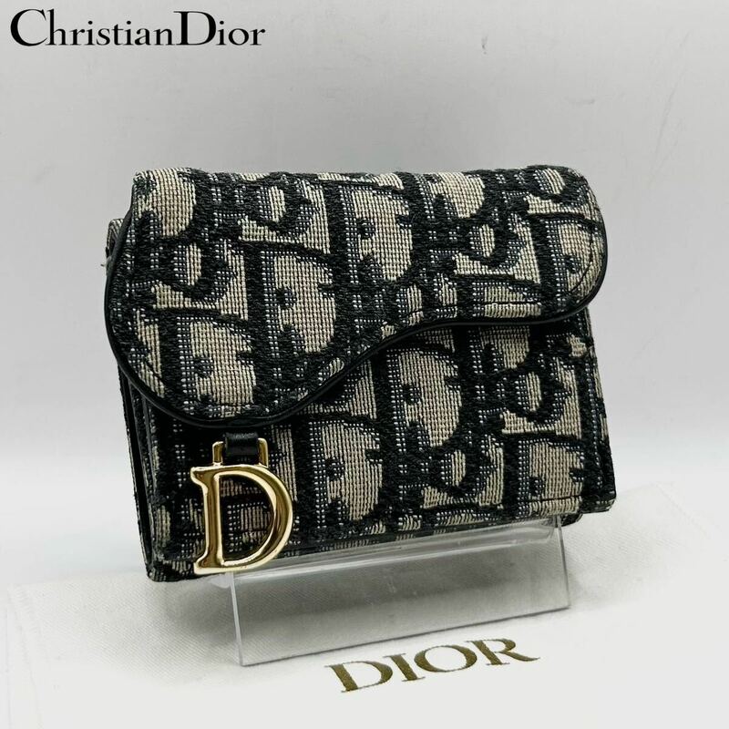 美品 Christian Dior クリスチャン ディオール 三つ折り財布 ウォレット サドル オブリーク ジャガード トロッター