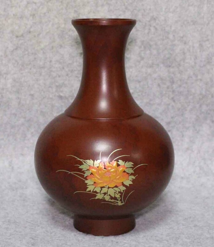 [金属花器f37]◆花瓶　草花文　23cm◆本焼色　花生　VASE