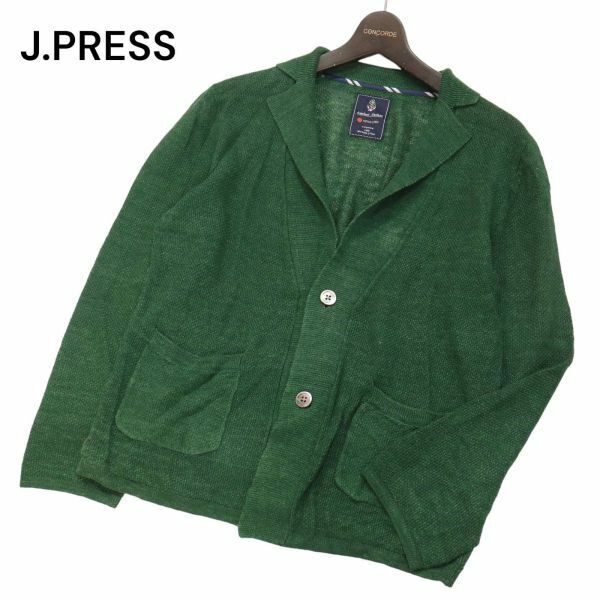 J.PRESS ジェイプレス 【Anchor Jacket】春夏 麻100%★ リネン ニット アンカー ジャケット カーディガン Sz.M　メンズ 緑　I4T00887_3#M