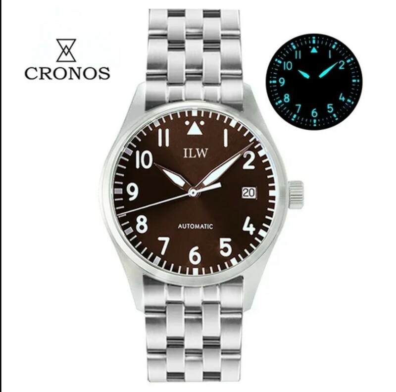 新品 自動巻 Cronos パイロットウォッチ PT5000 ブラウン 茶色 ミリタリー メンズ腕時計 機械式 ハイビート ラグジュアリー