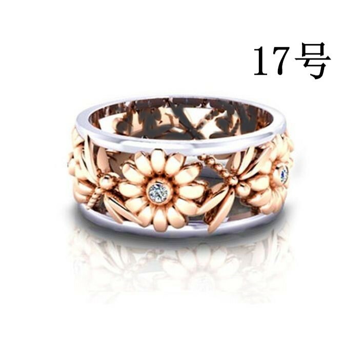 花＆とんぼ リング 17号 シルバー ピンクゴールド 指輪 太め 幅広 透かし フラワー トンボ コンビ メンズ