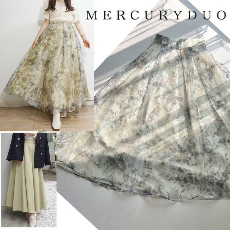 MERCURYDUO オーガンジーフラワーリバーシブルロングフレアスカート