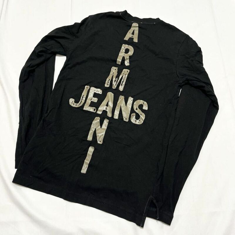 和242★① ARMANI JEANS アルマーニジーンズ ロゴプリント Tシャツ ロンT 長袖 S メンズ ブラック