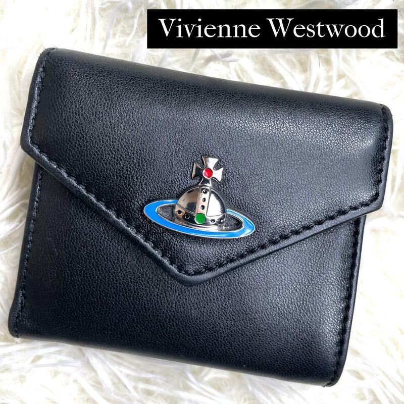 美品 / Vivienne Westwood ヴィヴィアンウエストウッド エマオーブコンパクトレターウォレット 三つ折り財布 レザー ブラック エマ